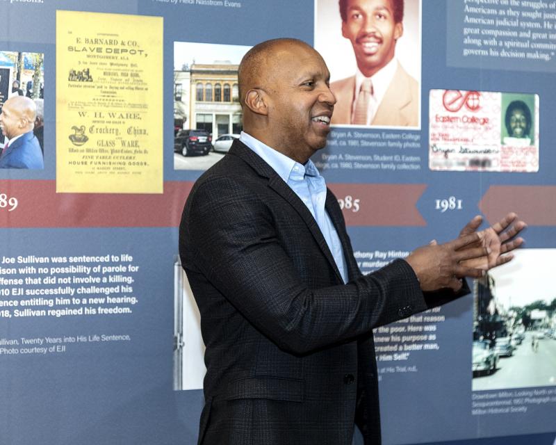 Milton native and famed criminal justice attorney Bryan Stevenson visited the exhibit that bears his name, “Walking Into Greatness: Bryan Stevenson” at the Lydia B. Cannon Museum June 5. Stevenson was accompanied on his visit by about 20 students from local schools, who asked questions and learned about Stevenson’s upbringing and work. PHIL MARTIN PHOTOS